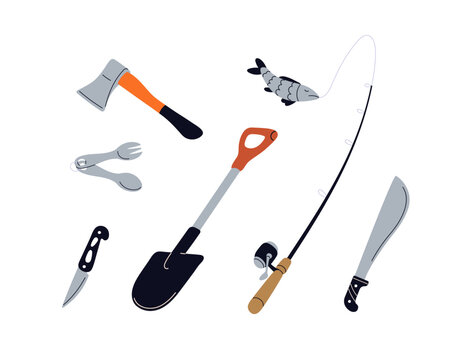 Camping equipment, gear. Hiking tools set. Ax, spade, pocket knife, penknife, fishing rod pole, machete. Survival supplies, summer items. Flat vector illustrations isolated on white background