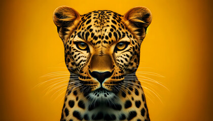 A close-up frontal view of a leopard on a yellow background