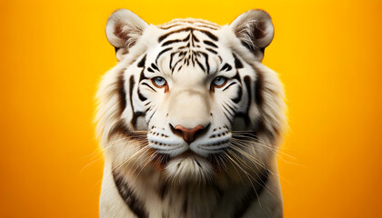 A close-up frontal view of a white tiger on a yellow background