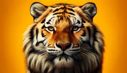 A close-up frontal view of a Siberian tiger on a yellow background