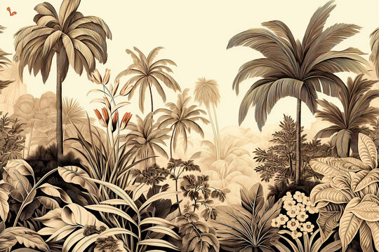 Boho style wallpaper, vintage botanical illustration of tropical leaves. Painting of jungle landscape