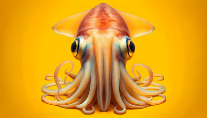 A close-up frontal view of a squid on a yellow background - obrazy, fototapety, plakaty
