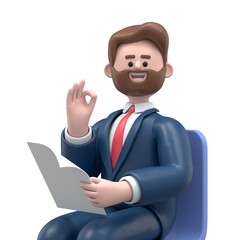 3D illustration of bearded american businessman Bob on a chair holding paper document. Male portrait reading contract files and doing approved ok gesture at home office by the window.
