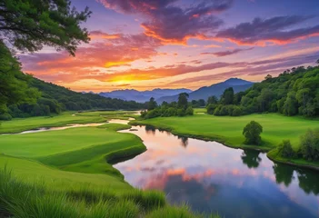 Abwaschbare Fototapete Reflection A breathtaking landscape painting of a tranquil valley, with a winding river reflecting the vibrant colors of a sunset sky and the lush green grass and trees of nature