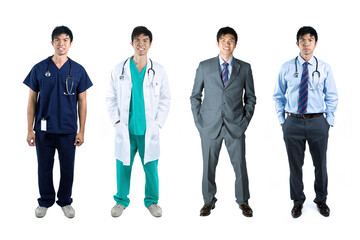Obraz premium Four poses of the same male model in business & medical clothes