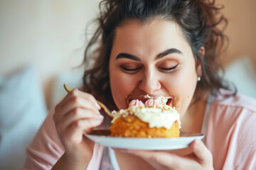Plus size woman is eagerly eating a cake - obrazy, fototapety, plakaty