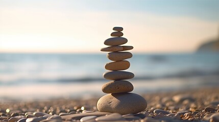 A pyramid of pebbles on the coast of the sea or ocean. The concept of peace, balance and harmony