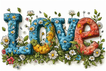 adult illustration, cartoon style, a perfectly designed depiction of the words "Love" with daisy flower patterns in the text, white background, no shading, bright and vivid colors