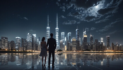 Fototapeta na wymiar A couple admires the beauty of a vibrant city, with tall skyscrapers lit up against the evening sky, casting shimmering reflections on the urban landscape.