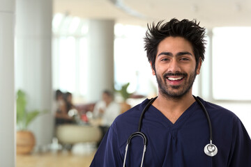Male Indian healthcare worker wearing a dark blue Scrubs.