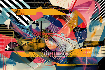 an abstract illustration using various different color paints, in the style of layers and lines, bold graphic illustrations, layered gestures, unpredictable lines, precisionist lines, comic book-style