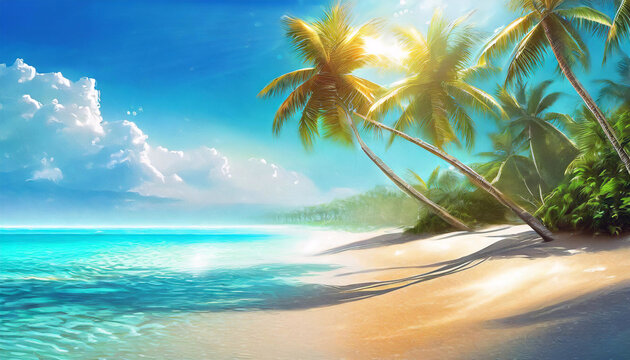 Illustration peinture plage vacances paradisiaque soleil palmier ciel bleu