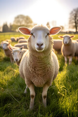 Naklejka na ściany i meble Ewe Sheep Grazing in Lush Green Meadow under a Gentle Sunlight: A Portrait of Serene Country Life