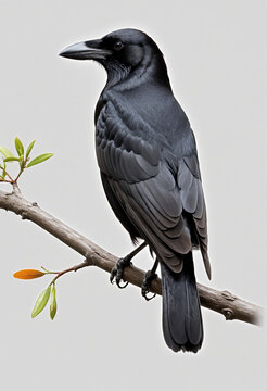 Black crow perched on branch, PNG image with transparent background - isolated on white background