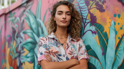 An elegant young woman in a floral shirt standing confidently against a vibrant street art backdrop