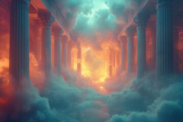 beautiful wide shot of the inside of Corinthian building floating in the clouds, clouds litter the floors as it floats through the sky, chromatic aberration, dreamy, prismatic