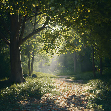 Realistic forest with sunlight, nature enviornment, mystery, tree	