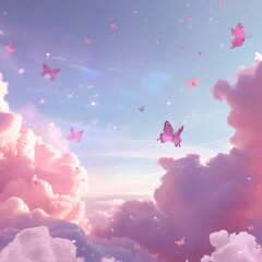 3d pink cloud with lollipop, strawberries, butterflies, candy, fantasy, dreamland, surreal