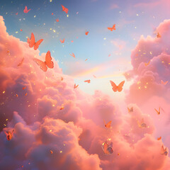 3d pink cloud with lollipop, strawberries, butterflies, candy, fantasy, dreamland, surreal