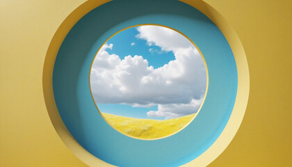 Abstract Easter-themed 3D background with blue sky, clouds, and minimalist design