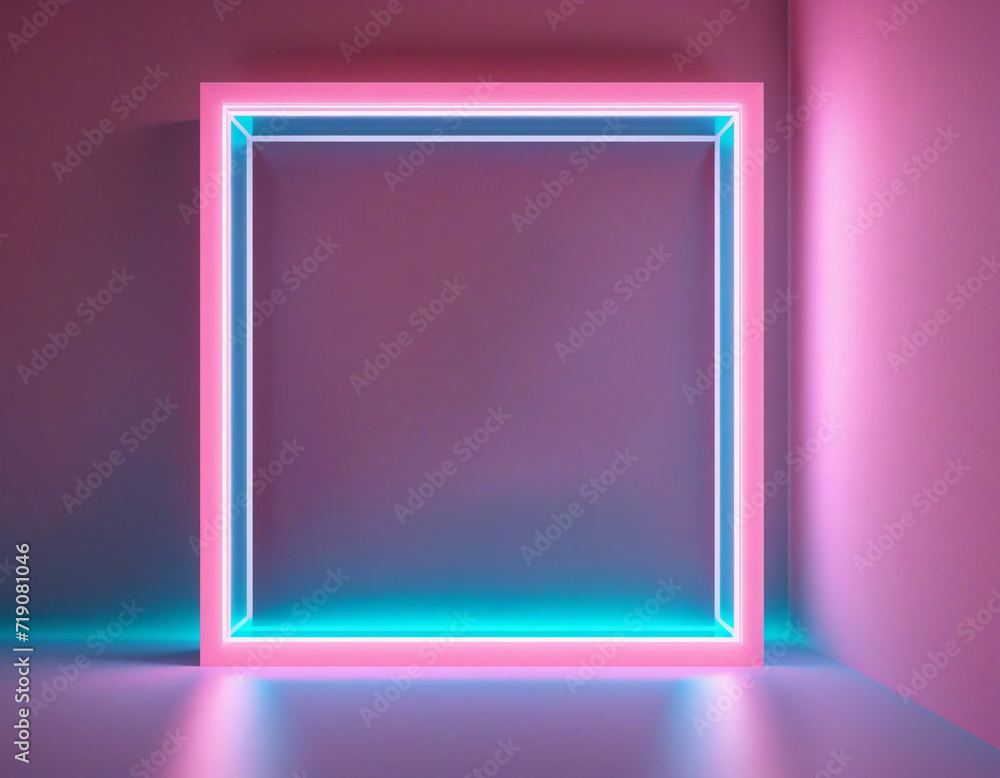Sticker neon pink and blue abstract 3d background with illuminated clouds and shapes