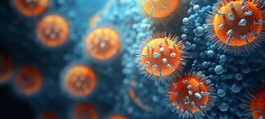 Virology medicine science background banner illustration - Orange blue corona virus, covid, flu outbreak, microscopic view of influenza virus cells, lots of abstract 3d viruses texture - obrazy, fototapety, plakaty