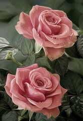 Illustration with pink roses with using the design affect of oil painting.