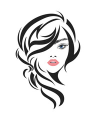 Line art, contour drawing of a beautiful woman with long hair. Beauty logo. Fashion and beauty concept. Vector