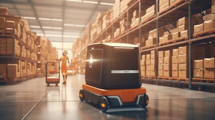 Autonomous robots moving shelves with cardboard boxes in automated warehouse - obrazy, fototapety, plakaty
