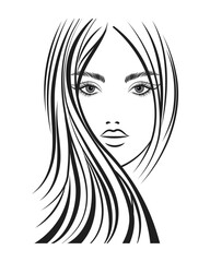 Line art, contour drawing of a beautiful woman with long hair. Beauty logo. Fashion and beauty concept. Vector