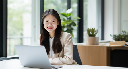 professionalism of a beautiful girl works diligently in her office, focused in front of her laptop. Generative AI.