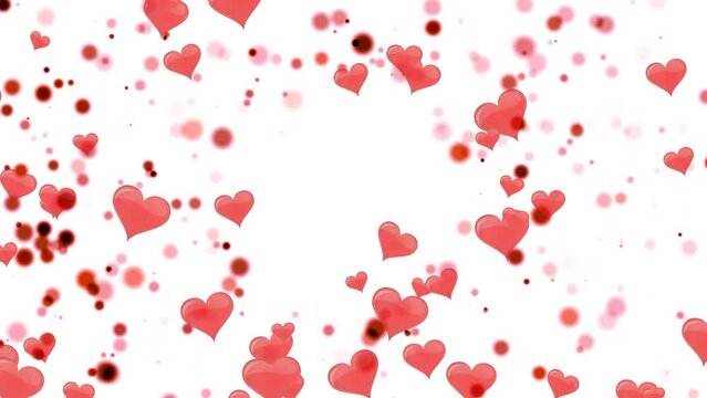 Red bokeh particles and flying hearts on a white background