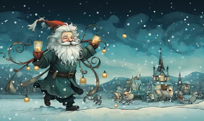 Foto op Canvas Joyful Santa Claus Lighting Christmas Village, whimsical illustration of Santa Claus, merrily lighting up a snowy Christmas village, evokes the enchanting spirit of the holiday season © Anastasiia