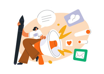 Marketing communication, promotion strategy concept. Advertising loudspeaker, megaphone for ideas, information, digital content advertisement. Flat vector illustration isolated on white background