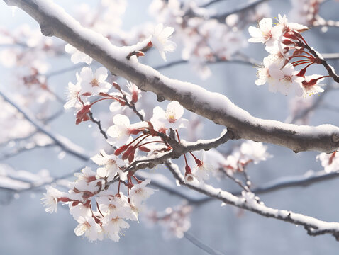 The bare branches of the sakura, covered with light snow, create a winter atmosphere