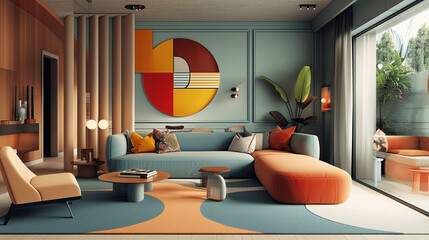 Retro-Modern Interior Design with Colorful Geometric Shapes