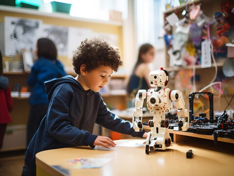 child assembles and programs the robot in the classroom