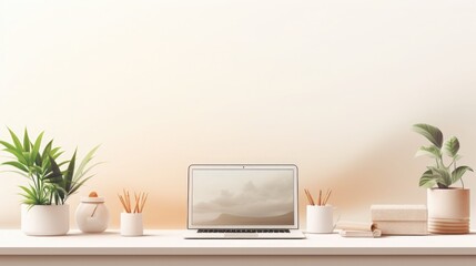 A serene workspace on a white background, a computer with a calming screensaver, and a small potted plant. A stress-free environment for Stress Awareness Month