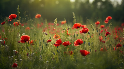 Fototapeta premium Red poppy flower on sunset sky abstract background. Generative ai.