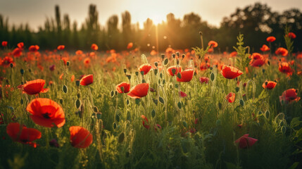 Obraz premium Red poppy flower on sunset sky abstract background. Generative ai.