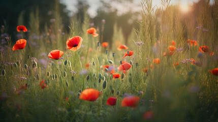 Red poppy flower on sunset sky abstract background. Generative ai.