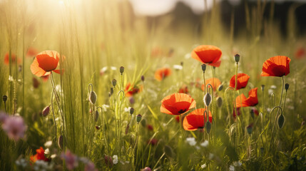 Obraz premium Red poppy flower on sunset sky abstract background. Generative ai.