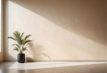 Simplified background featuring a faint palm shadow cast on a plaster wall, evoking a luxurious aesthetic typical of summer architecture interiors. A mockup of a creative product platform stage is