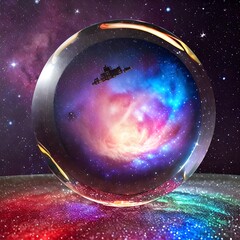 Fantasy generative AI Glassformism. Space, nebula, earth are contained within a glass sphere.