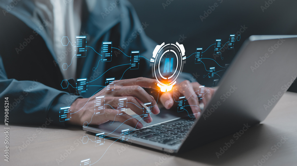 Poster technology in action: a person working on a computer with a map displayed on the screen in a modern 