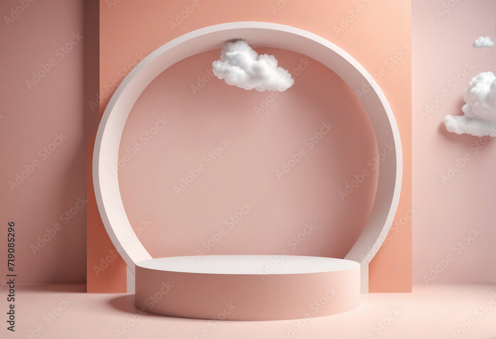 Poster abstract geometric peachy background with empty podium for product showcase, featuring white clouds 