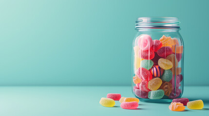 Colorful gumballs in a glass jar on blue background with copyspace for text