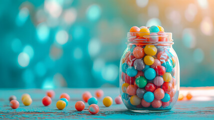 Colorful gumballs in a glass jar on blue background with copyspace for text