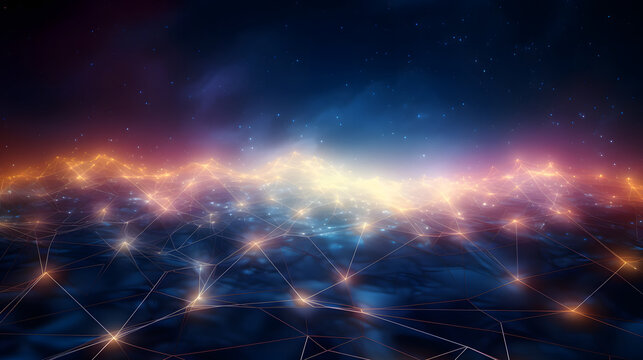 A futuristic abstract space background with interconnected pathways of light, suggesting advanced technology or a cosmic network