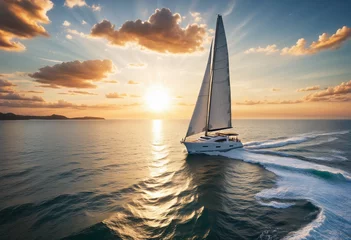 Fotobehang As the sun sets over the vast ocean, a majestic sailboat glides through the water, its billowing sails catching the gentle breeze and carrying its passengers on a peaceful journey through the picture © SR07XC3